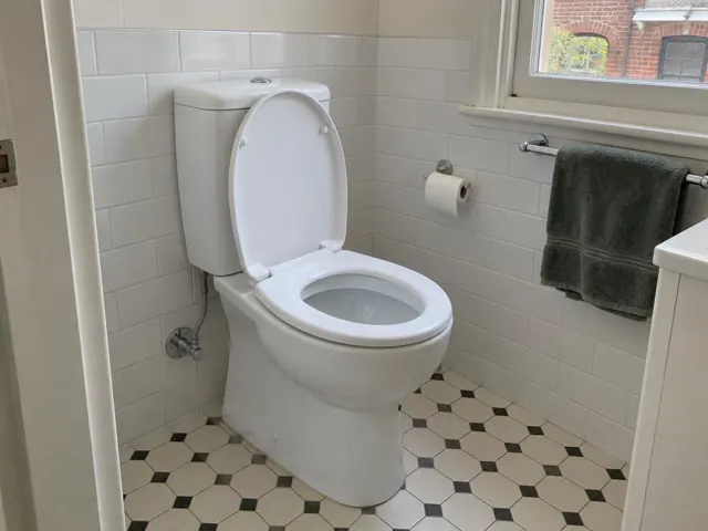 Clean white toilet in a tiled bathroom with towel rail and window in Paddington
