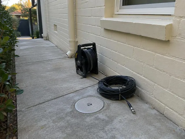 Capped drain access cover beside a coiled camera reel on a concrete side path by a cream brick wall in Bellevue Hill